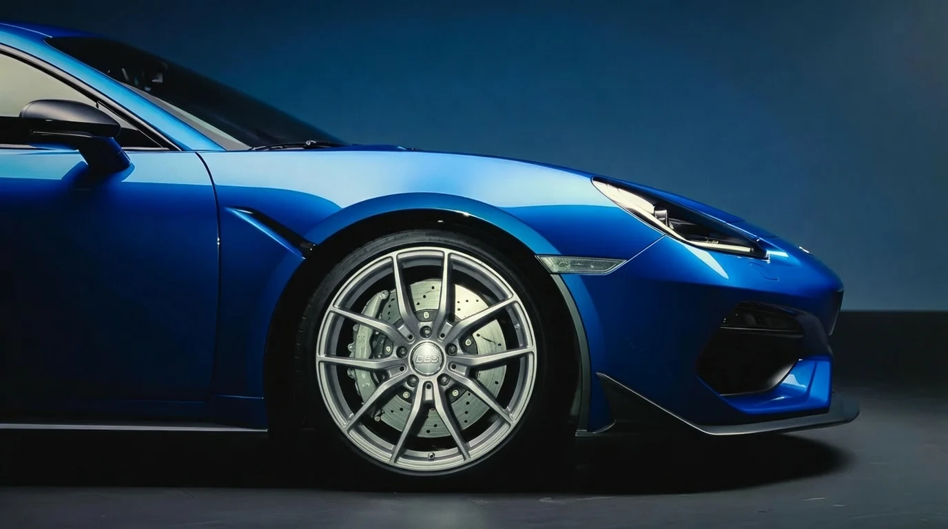 Blue sports car shown with the first wheel style